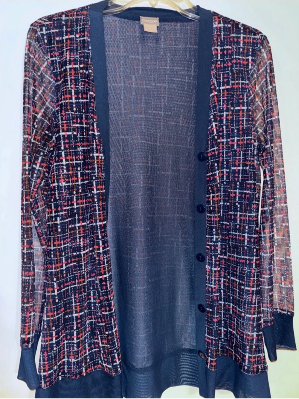 Chico's Navy Plaid Open-Front Knit Cardigan with Pink Accents